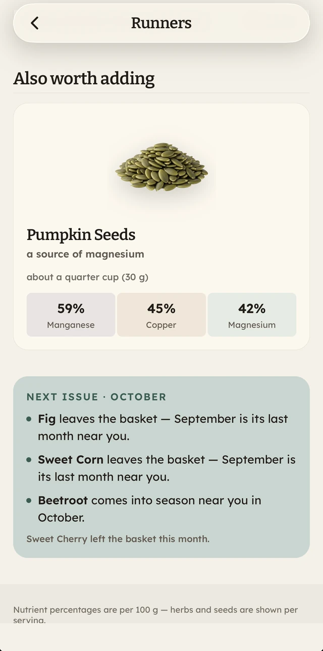 The Runners issue's Also worth adding section: pumpkin seeds, with next month's issue preview