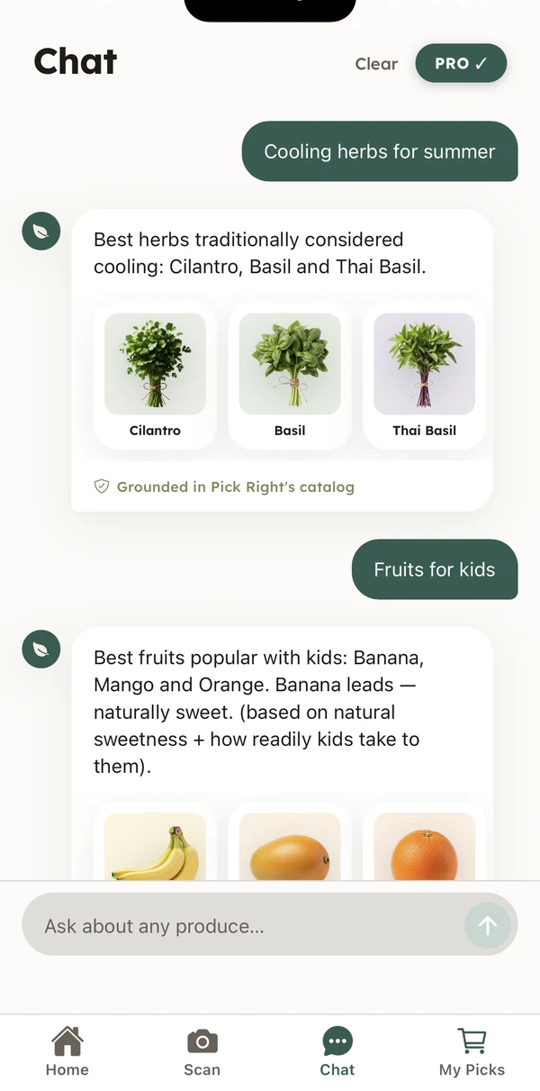 Asking the in-app produce guide a question