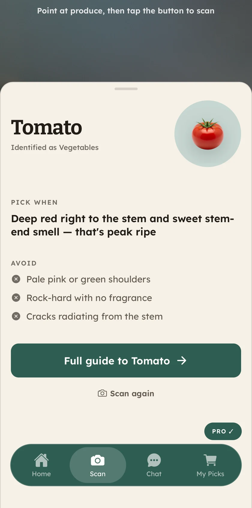Scanning a tomato: the app identifies it and shows when to pick it